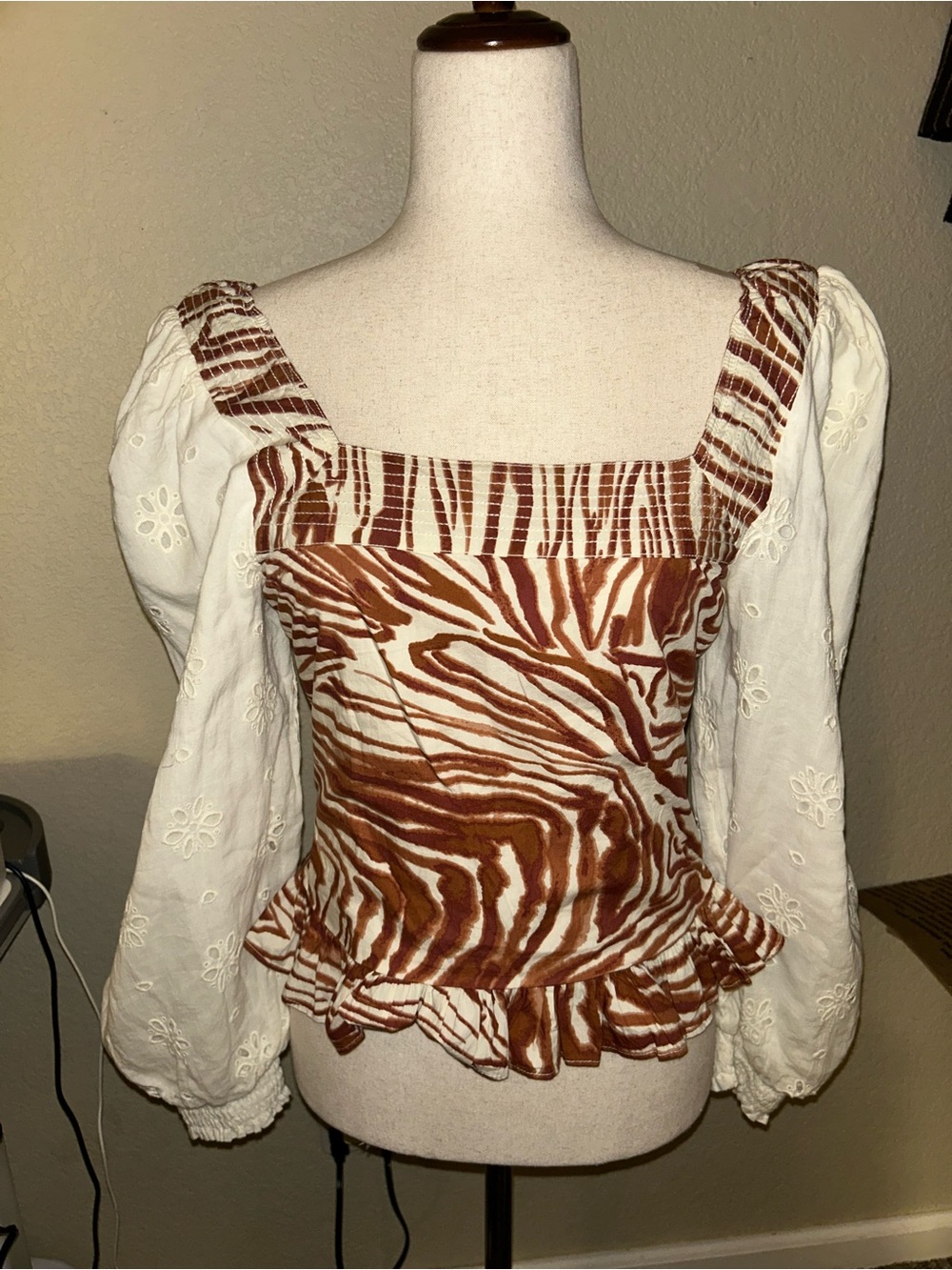 Brown Zebra Print Boho Peasant Top with White Eyelet Sleeves Anthropologie